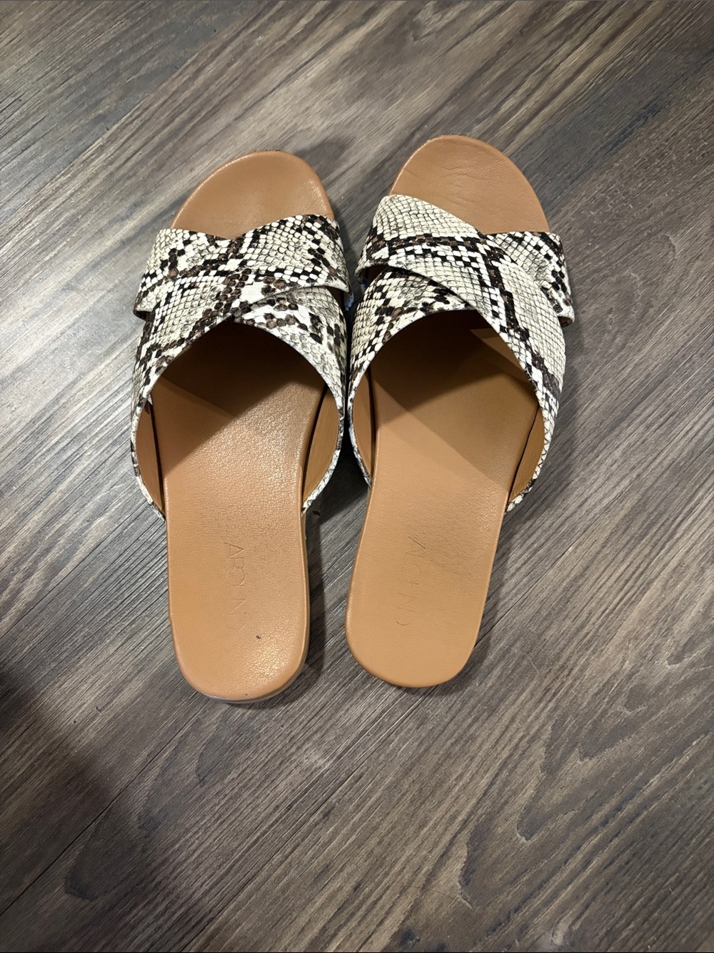 Abound Snake-Print Crossband Slide Sandals in Tan and Black